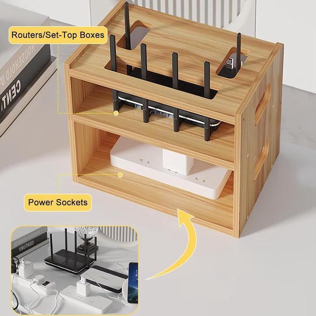 Alt view image 6 of 7 - Wooden WiFi Router Storage Box & Shelf - Modem & Cable Organizer - Power Strip Cable Management Hider - No Assembly Required