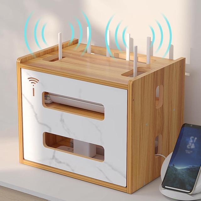 Alt view image 7 of 7 - WiFi Router Desktop Storage Box,Power Router Fences Standing Shelf Units,Wooden Cable Management Hider Box Router Storage Racks for Desktop Office and Home,A