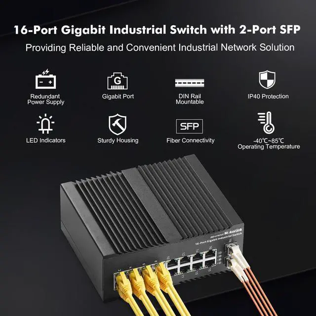 Alt view image 2 of 7 - MokerLink 16 Port Gigabit Industrial DIN-Rail Ethernet Switch, 2 Gigabit SFP Ports, Unmanaged IP40 Network Switch (-40 to 185°F), with Power Supply