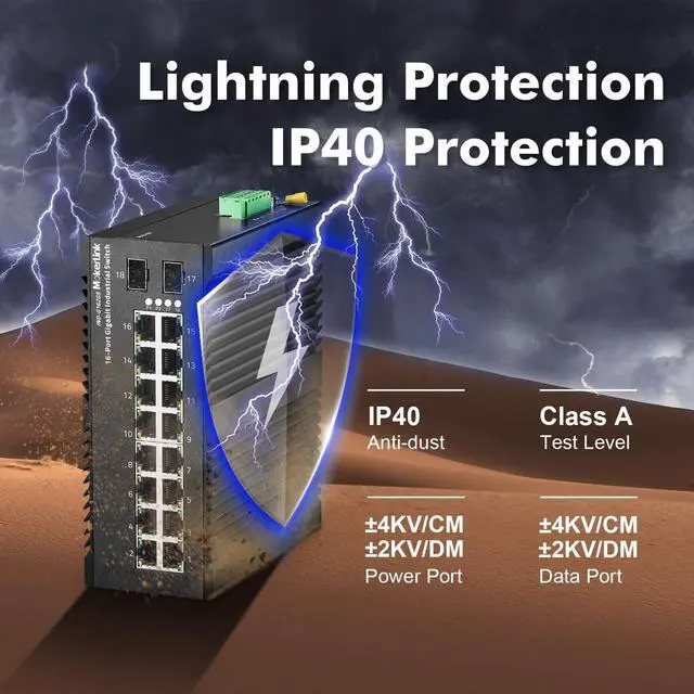 Alt view image 3 of 7 - MokerLink 16 Port Gigabit Industrial DIN-Rail Ethernet Switch, 2 Gigabit SFP Ports, Unmanaged IP40 Network Switch (-40 to 185°F), with Power Supply