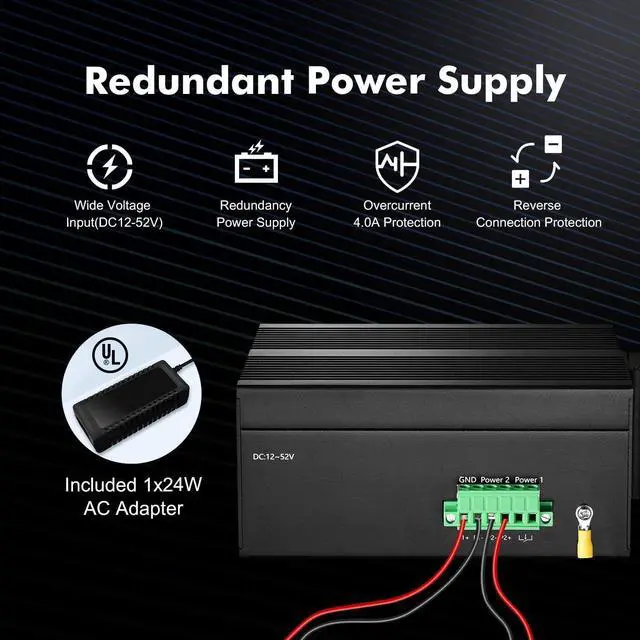 Alt view image 4 of 7 - MokerLink 16 Port Gigabit Industrial DIN-Rail Ethernet Switch, 2 Gigabit SFP Ports, Unmanaged IP40 Network Switch (-40 to 185°F), with Power Supply