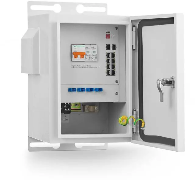 Main image of Indoor/Outdoor Industrial Enclosure with Integrated 8 Port Gigabit PoE+, 2 Port 1000BASE SFP Switch, IEEE802.3af/at POE 246W Power Supply, Plug and Play, Metal IP65 Case, -40 to 158°F
