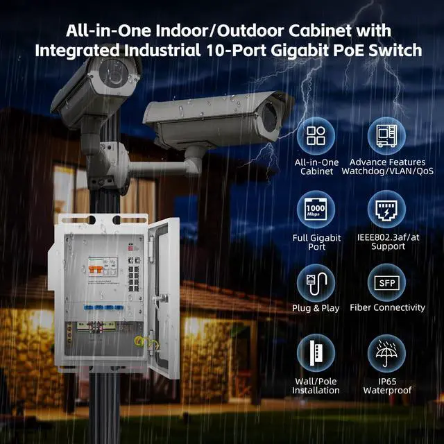 Alt view image 2 of 7 - Indoor/Outdoor Industrial Enclosure with Integrated 8 Port Gigabit PoE+, 2 Port 1000BASE SFP Switch, IEEE802.3af/at POE 246W Power Supply, Plug and Play, Metal IP65 Case, -40 to 158°F