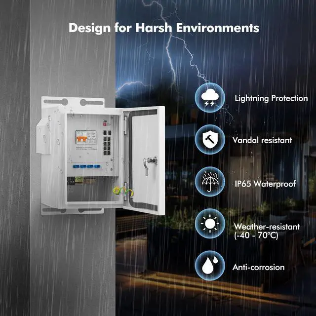 Alt view image 5 of 7 - Indoor/Outdoor Industrial Enclosure with Integrated 8 Port Gigabit PoE+, 2 Port 1000BASE SFP Switch, IEEE802.3af/at POE 246W Power Supply, Plug and Play, Metal IP65 Case, -40 to 158°F
