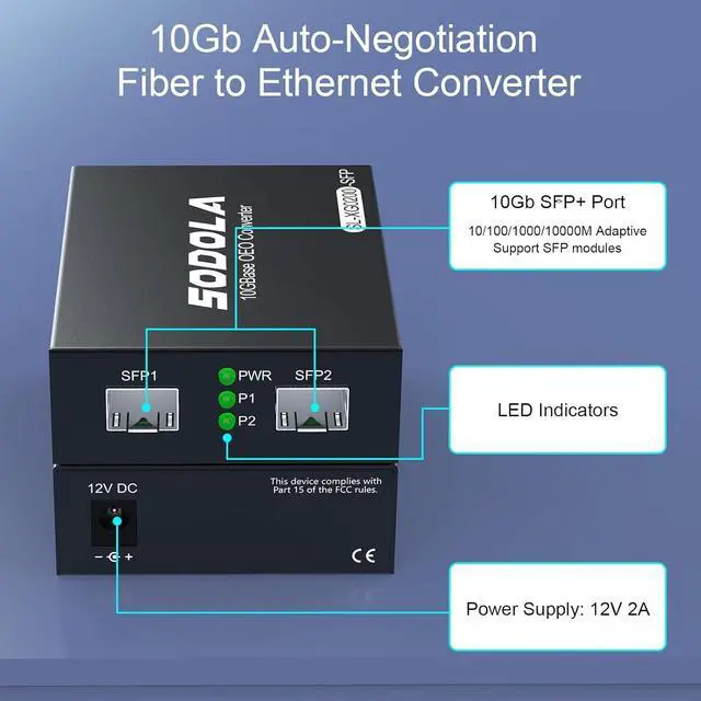Alt view image 2 of 7 - Sodola 10G SFP+ Media Converter (Kit) with 10GBase-T Fiber Transceiver Reach 30 Meters and 10GBase-SR Fiber Module (300 m, MMF, 850nm)