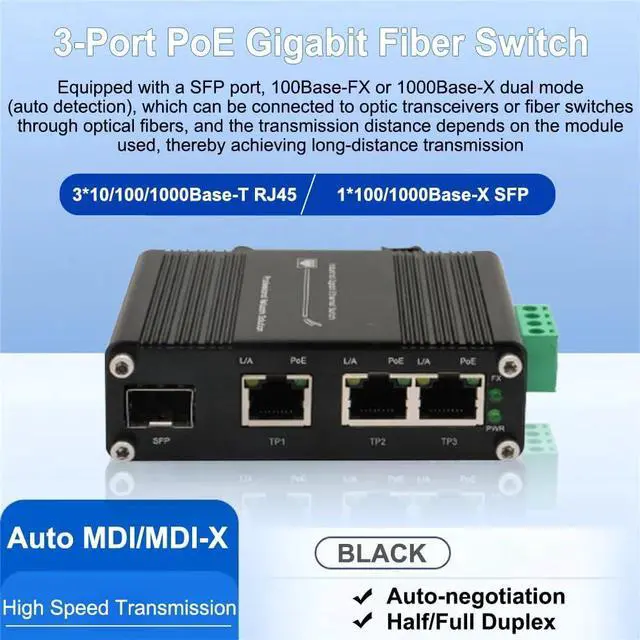 Alt view image 3 of 7 - Industrial 3-Port PoE+ Gigabit Fiber Ethernet Switch - Mini Unmanaged Network Switch with 100/1000M Adaptive SFP Slot,12~48VDC Power Input,Din-Rail or Wall Mount,Fast Connection,Plug and Play