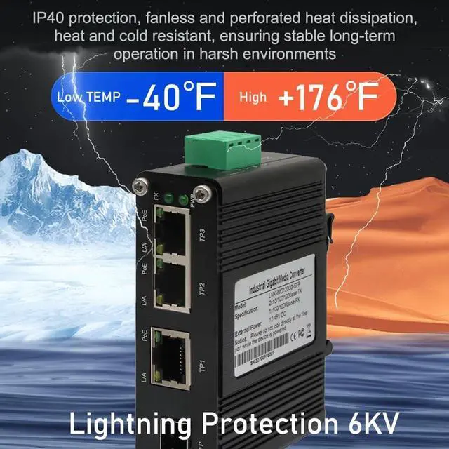 Alt view image 4 of 7 - Industrial 3-Port PoE+ Gigabit Fiber Ethernet Switch - Mini Unmanaged Network Switch with 100/1000M Adaptive SFP Slot,12~48VDC Power Input,Din-Rail or Wall Mount,Fast Connection,Plug and Play
