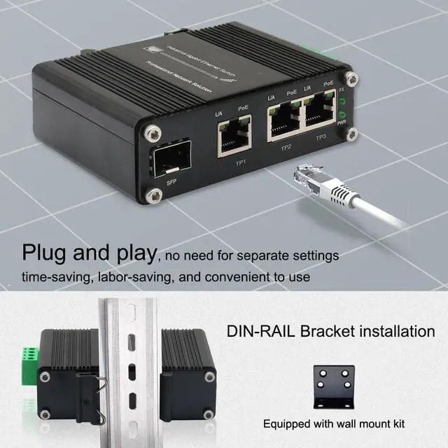 Alt view image 6 of 7 - Industrial 3-Port PoE+ Gigabit Fiber Ethernet Switch - Mini Unmanaged Network Switch with 100/1000M Adaptive SFP Slot,12~48VDC Power Input,Din-Rail or Wall Mount,Fast Connection,Plug and Play