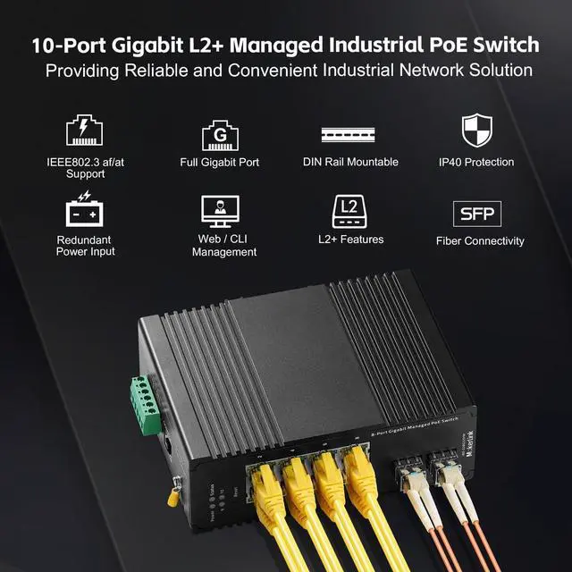 Alt view image 2 of 7 - MokerLink 8 Port Gigabit PoE Industrial DIN-Rail Ethernet Switch Managed, 2 SFP Ports, IEEE802.af/at 96W PoE+ Power, Web L2+ Managed IP40 Network Switch (-40 to 185°F), with Power Supply
