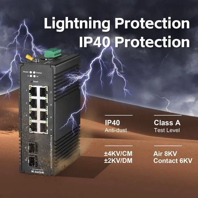 Alt view image 5 of 7 - MokerLink 8 Port Gigabit PoE Industrial DIN-Rail Ethernet Switch Managed, 2 SFP Ports, IEEE802.af/at 96W PoE+ Power, Web L2+ Managed IP40 Network Switch (-40 to 185°F), with Power Supply