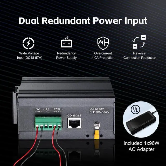 Alt view image 6 of 7 - MokerLink 8 Port Gigabit PoE Industrial DIN-Rail Ethernet Switch Managed, 2 SFP Ports, IEEE802.af/at 96W PoE+ Power, Web L2+ Managed IP40 Network Switch (-40 to 185°F), with Power Supply