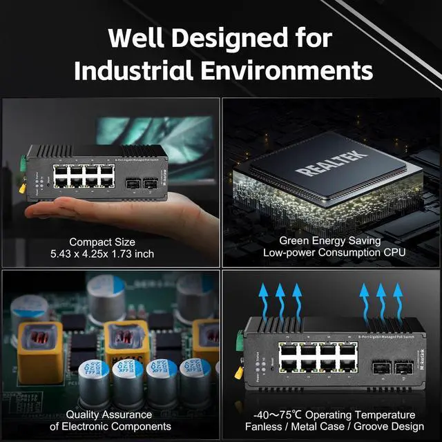 Alt view image 7 of 7 - MokerLink 8 Port Gigabit PoE Industrial DIN-Rail Ethernet Switch Managed, 2 SFP Ports, IEEE802.af/at 96W PoE+ Power, Web L2+ Managed IP40 Network Switch (-40 to 185°F), with Power Supply