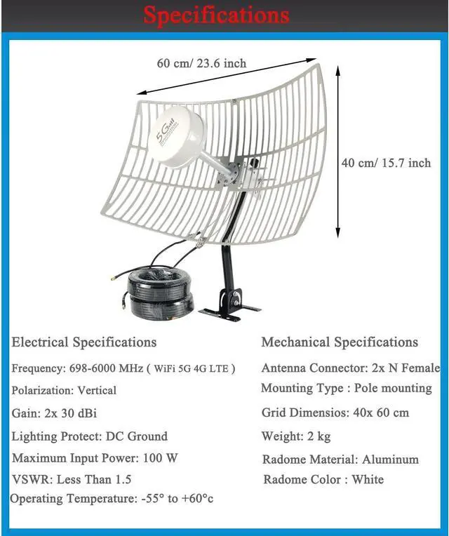 Alt view image 2 of 6 - 5G MIMO Antenna 4G LTE Outdoor 2x2 MIMO Parabolic Antennas Directional WiFi Antenna Long Range for 5G 4G LTE WiFi Hotspot Modem Router 698-6000MHz 30dBi with SMA TS9 Cable Pole(Full kit)