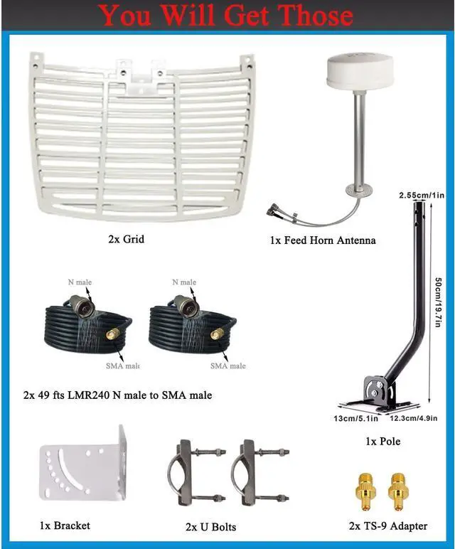 Alt view image 5 of 6 - 5G MIMO Antenna 4G LTE Outdoor 2x2 MIMO Parabolic Antennas Directional WiFi Antenna Long Range for 5G 4G LTE WiFi Hotspot Modem Router 698-6000MHz 30dBi with SMA TS9 Cable Pole(Full kit)