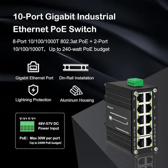 Alt view image 3 of 7 - Hardened Industrial Gigabit 10 Ports Ethernet PoE+ Switch, 8-Port 10/100/1000T 802.3at PoE Up to 240-watt PoE Budget 2-Port 10/100/1000T Compact Ethernet Switch