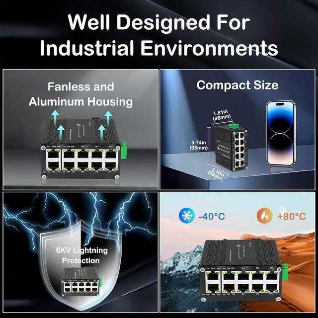 Alt view image 4 of 7 - Hardened Industrial Gigabit 10 Ports Ethernet PoE+ Switch, 8-Port 10/100/1000T 802.3at PoE Up to 240-watt PoE Budget 2-Port 10/100/1000T Compact Ethernet Switch
