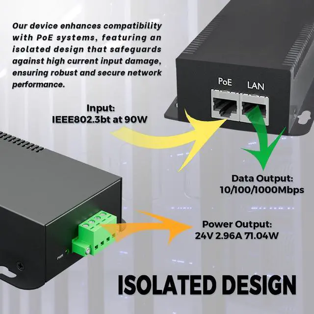 Alt view image 3 of 6 - PROCET Gigabit PoE Splitter 12V/5.95A, IEEE802.3af/at/bt Compliant 10/100/1000Mbps Ethernet Splitter for 71.4W Non-PoE PDs, High Power Communication Station/Wireless APs/, PT-PD208GBH-12