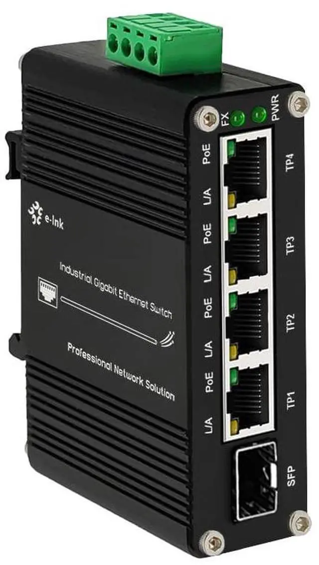 Main image of Mini Industrial 4 Port 10/100/1000Mbps Gigabit Ethernet POE + Switch with SFP Port Din Rail/Wall-Mount 4 Port 10/100/1000BASE-T RJ45 + 1 Port 100/1000FX (SFP) Support 12-48V DC