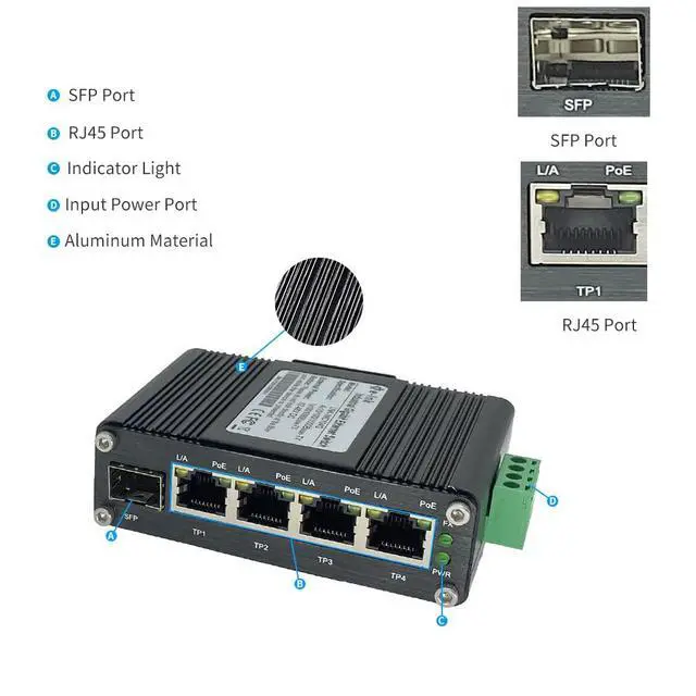 Alt view image 2 of 7 - Mini Industrial 4 Port 10/100/1000Mbps Gigabit Ethernet POE + Switch with SFP Port Din Rail/Wall-Mount 4 Port 10/100/1000BASE-T RJ45 + 1 Port 100/1000FX (SFP) Support 12-48V DC