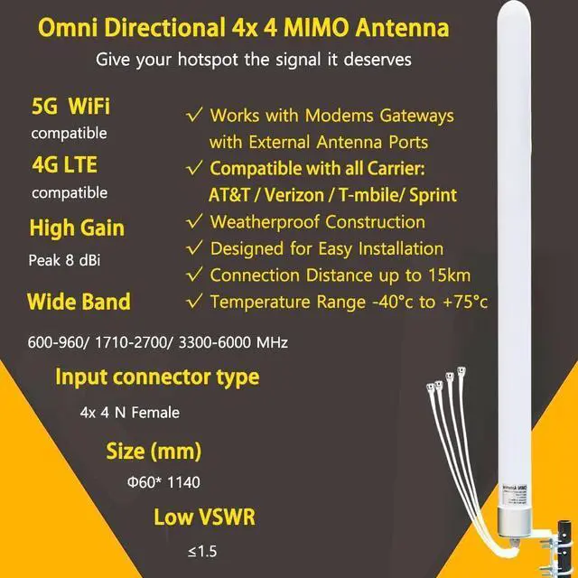 Alt view image 2 of 7 - Omni Directional MIMO 4x4 Antenna 5G WiFi Outdoor 4G LTE Antennas for T-Mobile N71 Cellular Hotspots Router Gateways, 600-6000MHz, 10meter Cable SMA TS9/ Mounting Pole (Full kit)