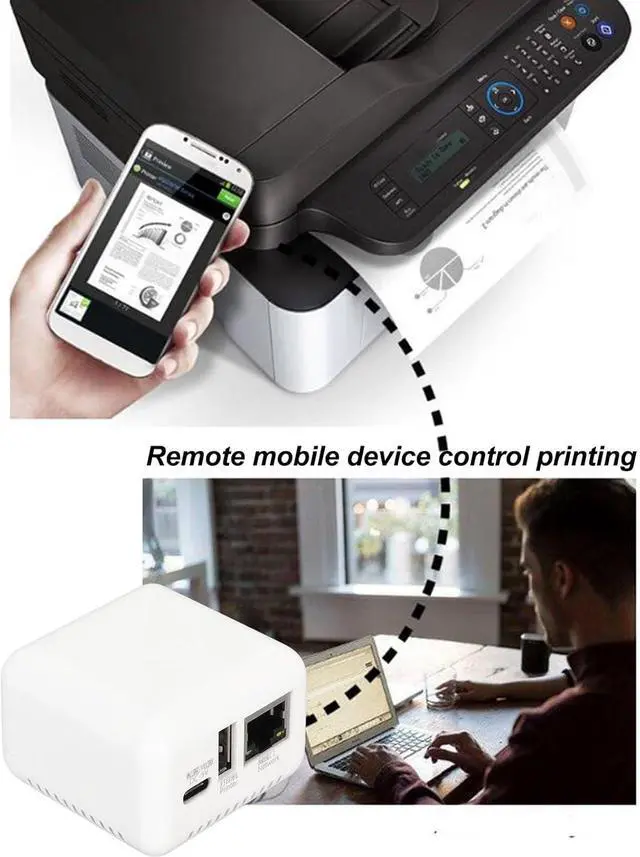 Alt view image 3 of 7 - ASHATA USB 2.0 Network Print Server, LAN Print Share Server for USB Printers, Print Server with Type C Power Supply, for Linux 3.4 for for Android (US Plug)