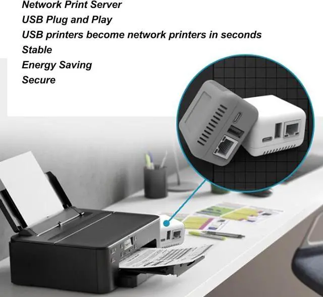 Alt view image 2 of 7 - ASHATA USB 2.0 Network Print Server, LAN Print Share Server for USB Printers, Print Server with Type C Power Supply, for Linux 3.4 for for Android (US Plug)