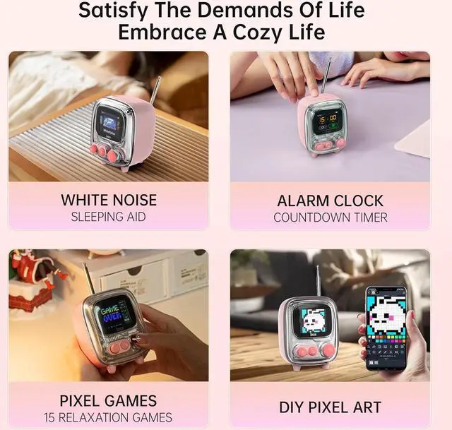Alt view image 6 of 7 - Divoom Tiivoo-2 Retro Bluetooth Speaker with FM Radio,Pixel Art Portable Mini Cute Wireless Small Speaker,Vintage Decor Suitble for Party Office Desk Home Bedroom Kitchen,Pink