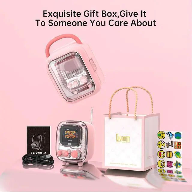 Alt view image 7 of 7 - Divoom Tiivoo-2 Retro Bluetooth Speaker with FM Radio,Pixel Art Portable Mini Cute Wireless Small Speaker,Vintage Decor Suitble for Party Office Desk Home Bedroom Kitchen,Pink