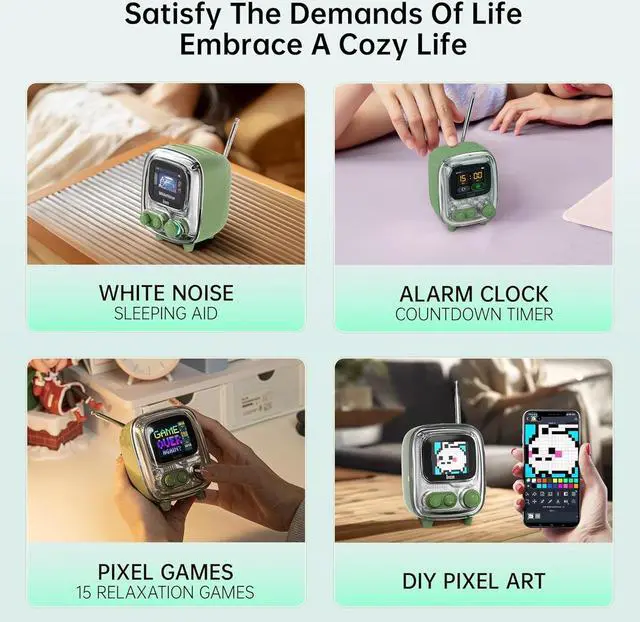 Alt view image 6 of 7 - Divoom Tiivoo-2 Portable Bluetooth Speaker with FM Radio,Pixel Art Retro Mini Small Cute Wireless Speaker,Vintage Decor Suitble for Party Office Desk Home Bedroom Kitchen,Retro Green