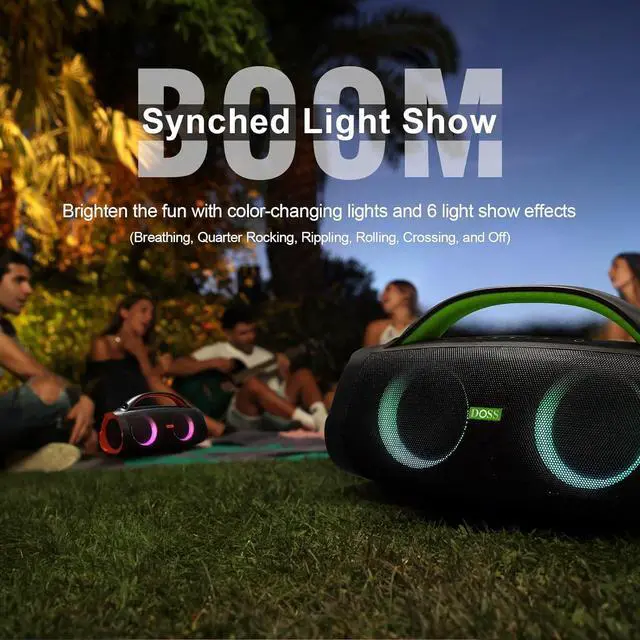 Alt view image 7 of 7 - DOSS Extreme Boom Pro Loud Bluetooth Speaker with 100W Stereo Sound, Extra Bass, 20H Playtime, Party-Sync Led Lights, Built-in Power Bank, IPX6 Waterproof Outdoor Speaker for Camping, Pool-Green