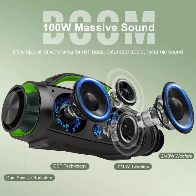 Alt view image 2 of 7 - DOSS Extreme Boom Pro Loud Bluetooth Speaker with 100W Stereo Sound, Extra Bass, 20H Playtime, Party-Sync Led Lights, Built-in Power Bank, IPX6 Waterproof Outdoor Speaker for Camping, Pool-Green