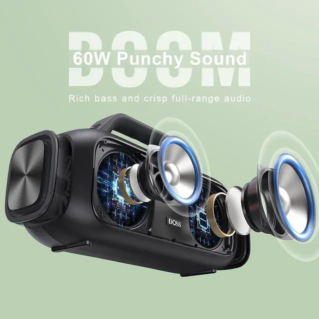 Alt view image 2 of 7 - DOSS Extreme Boom Outdoor Bluetooth Speaker with 60W Mighty Sound, Deep Bass, 30H Playtime,10400mAh Power Bank, BT 5.3, IPX6 Waterproof, Portable Strap for Camping, Pool, Beach, Garage, Work