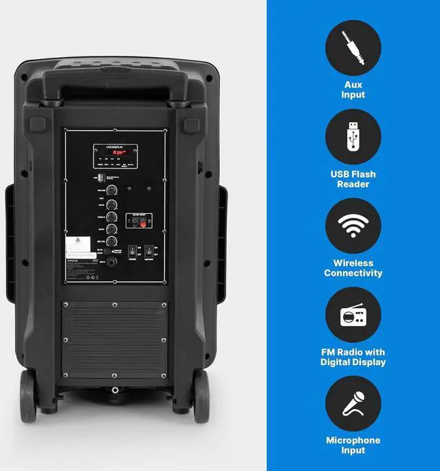 Alt view image 2 of 7 - Pyle Wireless Portable PA Speaker System -1200W High Powered Bluetooth Compatible Indoor&Outdoor DJ Sound Stereo Loudspeaker wITH USB MP3 AUX 3.5mm Input, Flashing Party Light & FM Radio -PPHP1544B
