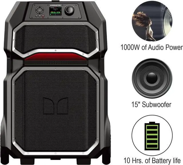 Alt view image 4 of 7 - Monster Rockin' Roller X Indoor/Outdoor Portable Bluetooth Speaker | Powerful 1000W, 15 Subwoofer | All Terrain Wheels, Weather Resistant, Dual Mic & Guitar Inputs, TWS Pairing, App Control
