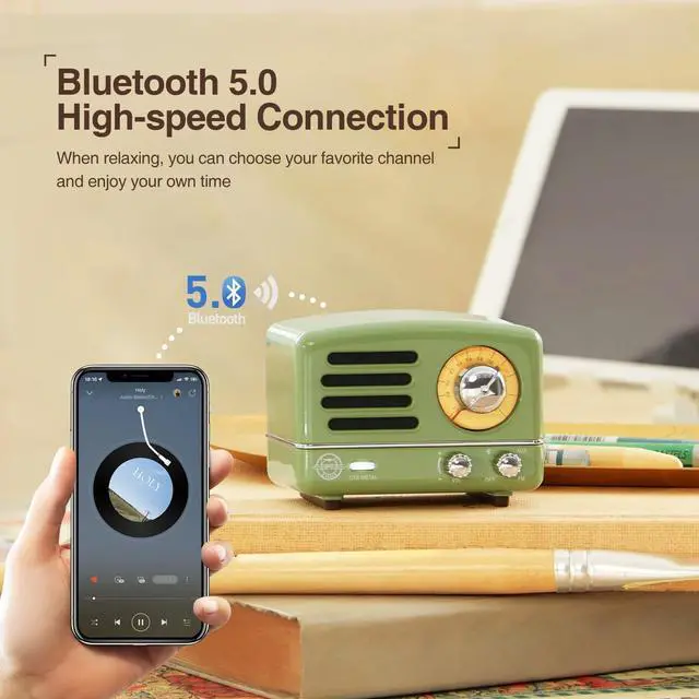 Alt view image 4 of 7 - Muzen Portable Bluetooth Speaker, OTR Metal Retro Small Wireless Speaker, FM Radio with Antenna AUX, 10h+ Long Playtime, High Fidelity Stereo Audio with Suitcase, Room Office Decor, Festival Gift