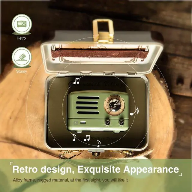 Alt view image 5 of 7 - Muzen Portable Bluetooth Speaker, OTR Metal Retro Small Wireless Speaker, FM Radio with Antenna AUX, 10h+ Long Playtime, High Fidelity Stereo Audio with Suitcase, Room Office Decor, Festival Gift