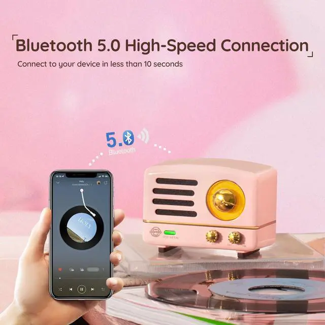 Alt view image 4 of 7 - Muzen Portable Bluetooth Speaker, OTR Metal Retro Small Wireless Speaker, FM Radio with Antenna AUX, 10h+ Long Playtime, High Fidelity Stereo Audio with Suitcase, Room Office Decor, Festival Gift