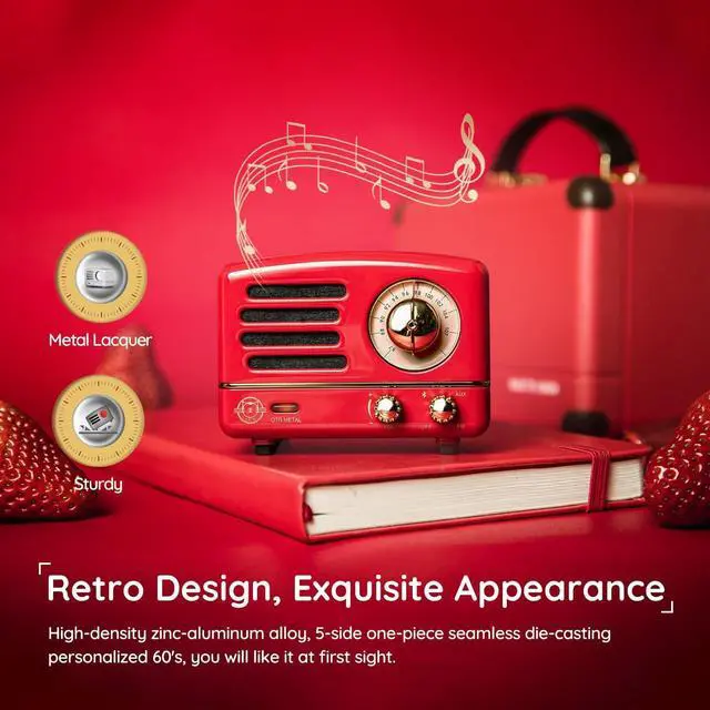 Alt view image 4 of 7 - Muzen Portable Bluetooth Speaker, OTR Metal Retro Small Wireless Speaker, FM Radio with Antenna AUX, 10h+ Long Playtime, High Fidelity Stereo Audio with Suitcase, Room Office Decor, Festival Gift