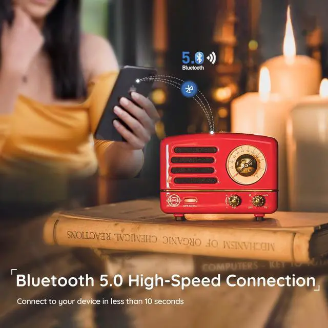 Alt view image 6 of 7 - Muzen Portable Bluetooth Speaker, OTR Metal Retro Small Wireless Speaker, FM Radio with Antenna AUX, 10h+ Long Playtime, High Fidelity Stereo Audio with Suitcase, Room Office Decor, Festival Gift