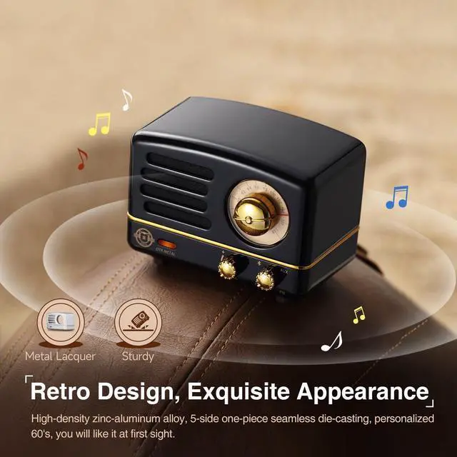 Alt view image 4 of 7 - Muzen Portable Bluetooth Speaker, OTR Metal Retro Small Wireless Speaker, FM Radio with Antenna AUX, 10h+ Long Playtime, High Fidelity Stereo Audio with Suitcase, Room Office Decor, Festival Gift
