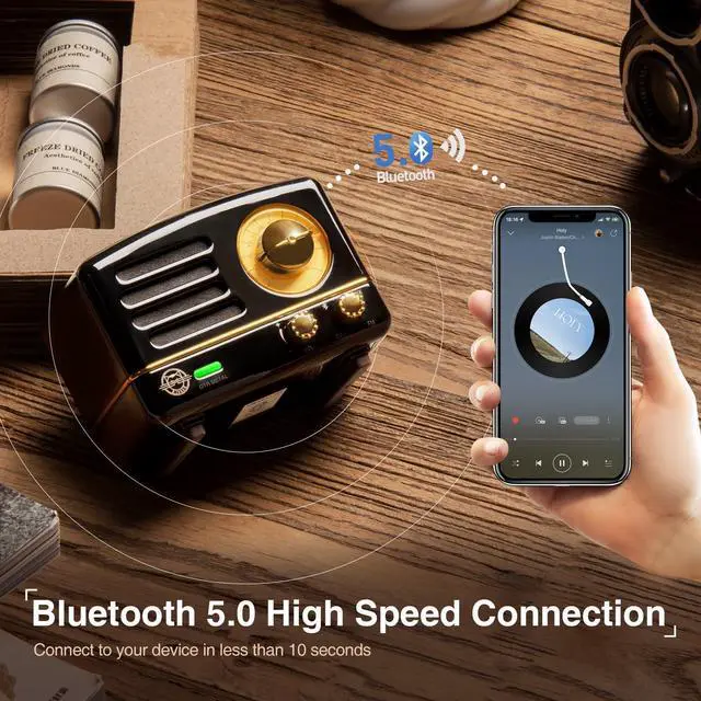 Alt view image 5 of 7 - Muzen Portable Bluetooth Speaker, OTR Metal Retro Small Wireless Speaker, FM Radio with Antenna AUX, 10h+ Long Playtime, High Fidelity Stereo Audio with Suitcase, Room Office Decor, Festival Gift