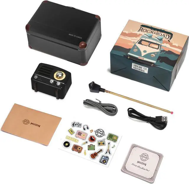 Alt view image 7 of 7 - Muzen Portable Bluetooth Speaker, OTR Metal Retro Small Wireless Speaker, FM Radio with Antenna AUX, 10h+ Long Playtime, High Fidelity Stereo Audio with Suitcase, Room Office Decor, Festival Gift