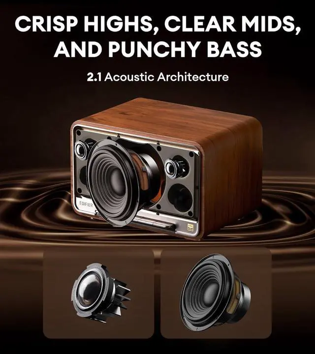 Alt view image 3 of 7 - Edifier D32 Tabletop Wireless Speaker, Hi-Res Audio, LDAC, ALAC, 60W (RMS), 2.1 Acoustic Architecture, 11h Playtime, APP Control, Bluetooth 5.3, AirPlay2, USB-C and AUX Inputs, Brown