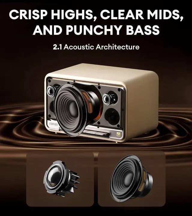 Alt view image 3 of 7 - Edifier D32 Tabletop Wireless Speaker, Hi-Res Audio, LDAC, AAC, ALAC, Bluetooth V5.3, 60W (RMS), 2.1 Acoustic Architecture, Full Digital Signal Process, 11h Playtime, APP Control, White