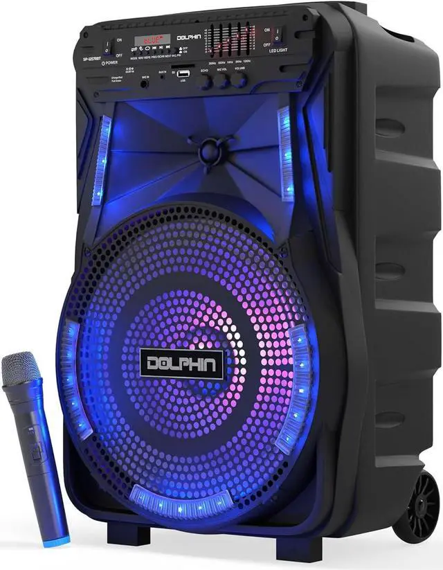 Main image of Dolphin 12-Inch Rechargeable Bluetooth Party Speaker  High Power Sound, TWS Compatibility, LED Lights, 5-Band Equalizer, Portable Design with Trolley and Wheels