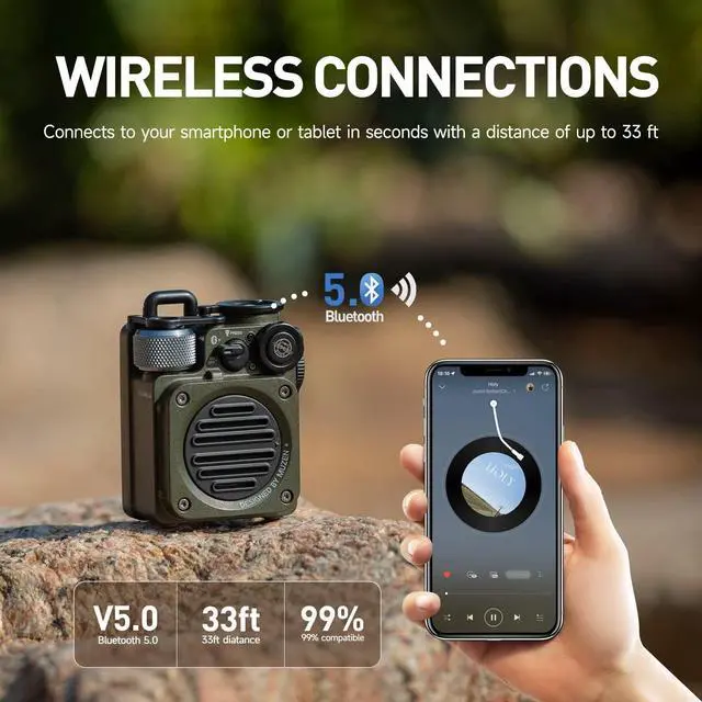 Alt view image 3 of 7 - Muzen Portable Bluetooth Speaker, Wild Mini Rugged Travel Outdoor Speaker, Wireless Waterproof IPX5 with Flashlight, Crystal Clear Stereo Sound, Metal Wild Cool Look, for Adventure, Camping, Hiking