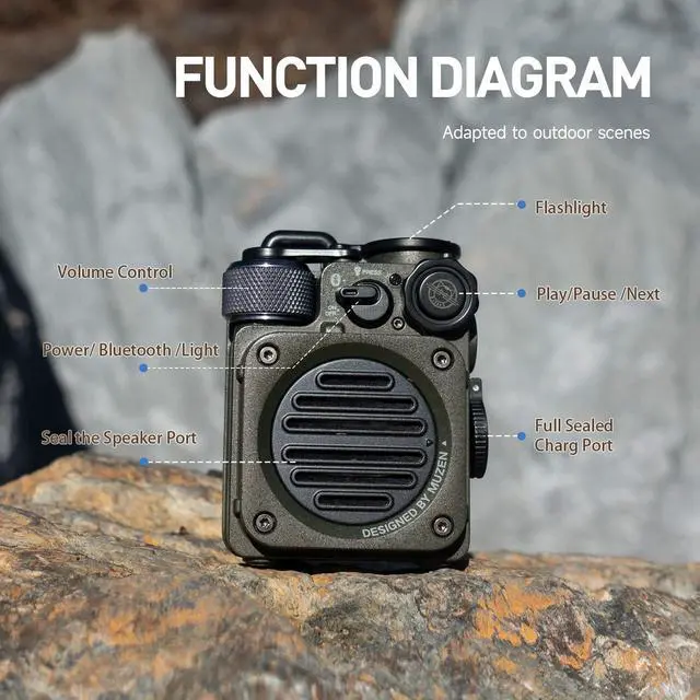 Alt view image 6 of 7 - Muzen Portable Bluetooth Speaker, Wild Mini Rugged Travel Outdoor Speaker, Wireless Waterproof IPX5 with Flashlight, Crystal Clear Stereo Sound, Metal Wild Cool Look, for Adventure, Camping, Hiking