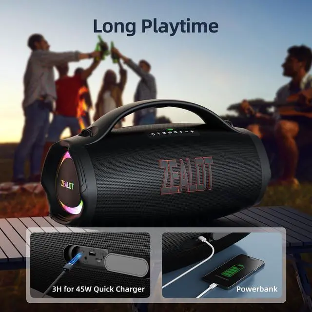 Alt view image 6 of 6 - ZEALOT Portable Bluetooth Speaker 2025, 160W RMS Speaker Bluetooth Wireless, IPX6 Waterproof, Loud/ 36000mah/ EQ/USB/TF/AUX, Great Bass or Home, Outdoor, Party, Travel