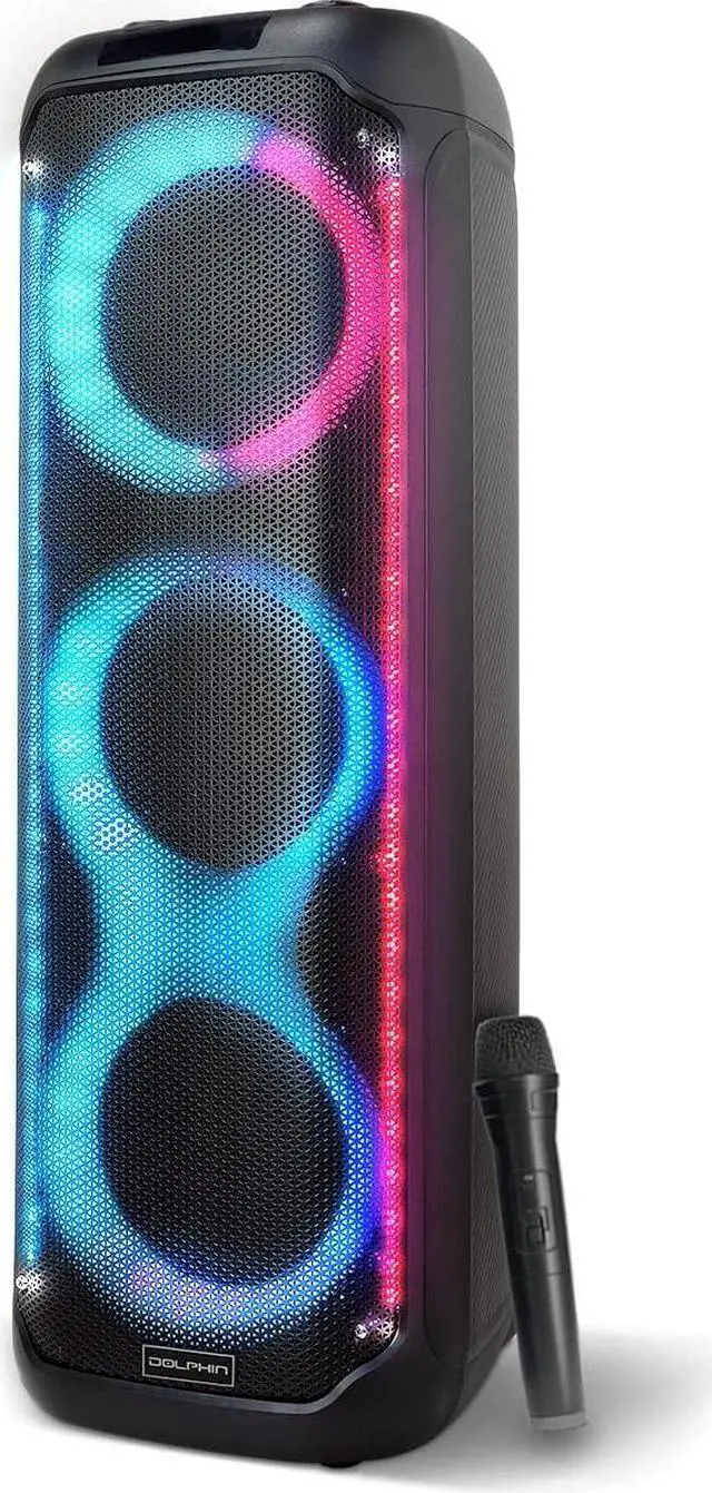 Main image of Dolphin KaraokeBox 380: Triple 8" Bluetooth Party Speaker  Powerful Sound System, Long-Lasting Rechargeable Battery, LED Lights, 35-Inch Tall, Portable Design, AUX/USB/TF/Bluetooth Connectivity