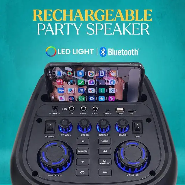 Alt view image 2 of 7 - Dolphin KaraokeBox 380: Triple 8" Bluetooth Party Speaker  Powerful Sound System, Long-Lasting Rechargeable Battery, LED Lights, 35-Inch Tall, Portable Design, AUX/USB/TF/Bluetooth Connectivity